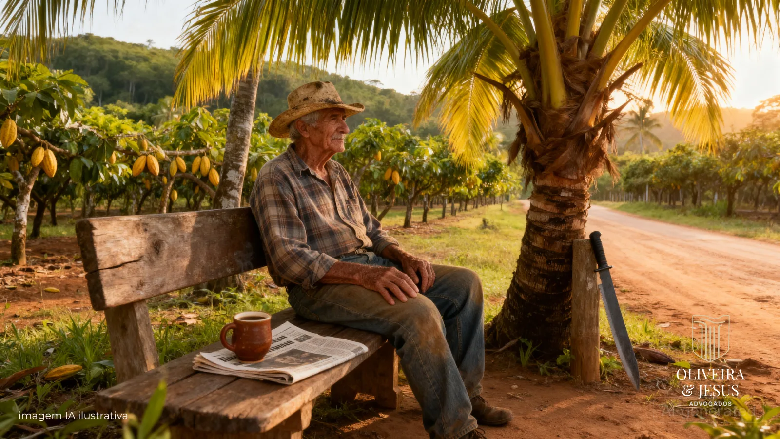 senhor sentado em um banco rustico perto da roça de cacau ao lado de uma xicará café e um jornal descansando